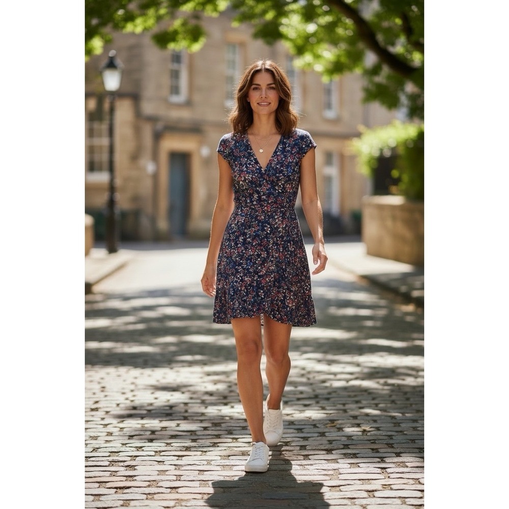 J Crew Size 14 Ruffle Front Mini Dress Floral Viscose Navy Flowy Elastic Waist